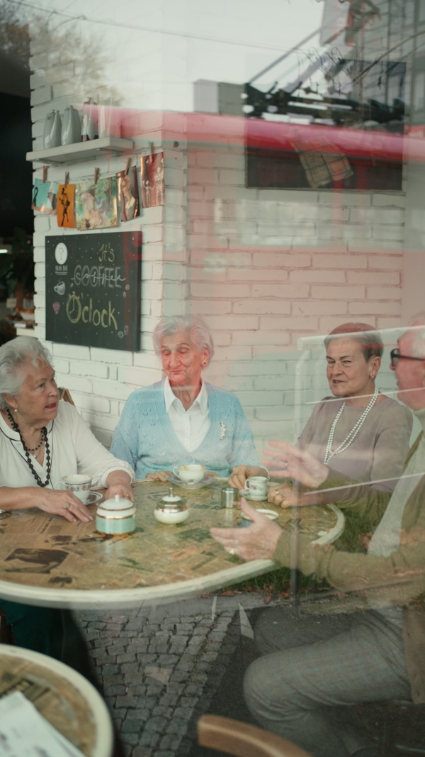 Happy senior friends sitting indoors in a cafe drinking coffee or tea, laughing and having nice time together, vertical footage.