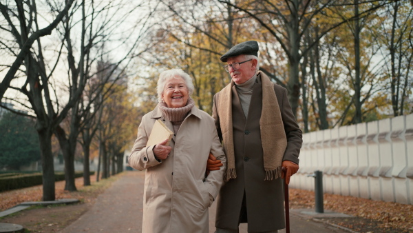 Senior couple on walk with a book, outdoors in town park in autumn.