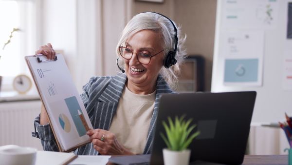 A senior woman doing an online presentation. Lockdown concept.