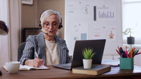 A senior woman doing an online presentation. Lockdown concept.