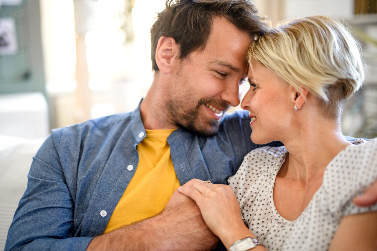 Front view of happy couple in love sitting indoors at home, hugging.