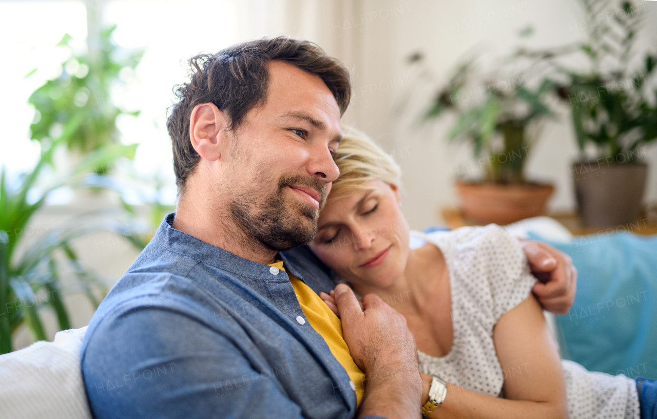 Front view of happy couple in love sitting indoors at home, hugging.