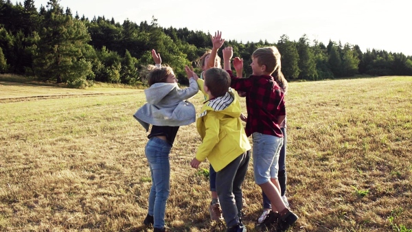 Portrait of group of school children standing on field trip in nature, playing. Slow motion.