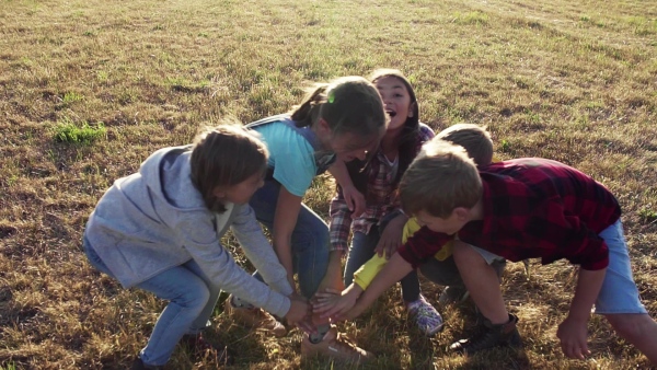 Portrait of group of school children standing on field trip in nature, playing. Slow motion.