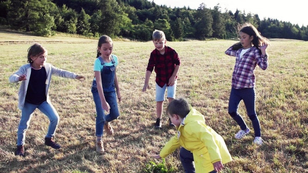 Portrait of group of school children standing on field trip in nature, playing. Slow motion.