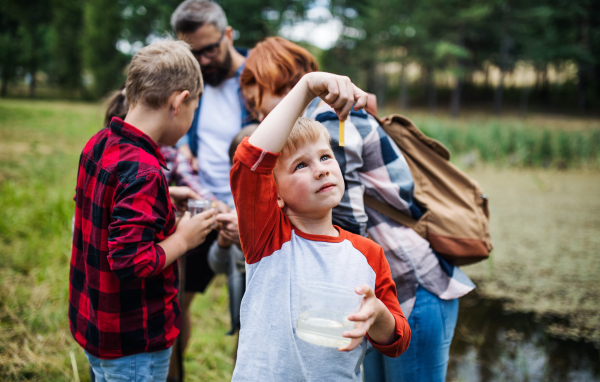 A group of small school children with teacher on field trip in nature, learning science.