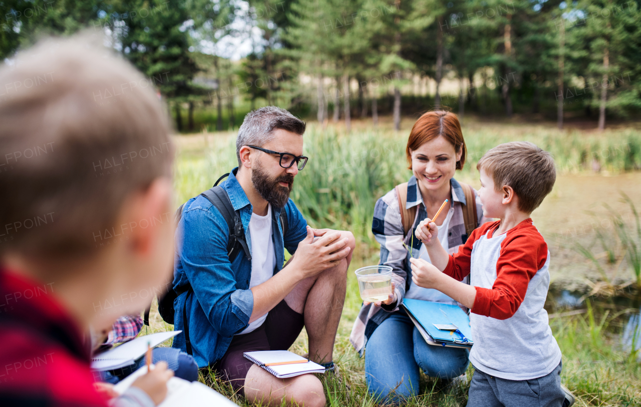 A group of small school children with teacher on field trip in nature, learning science.