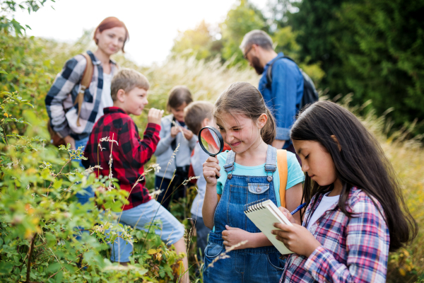 A group of small school children with teacher on field trip in nature, learning science.