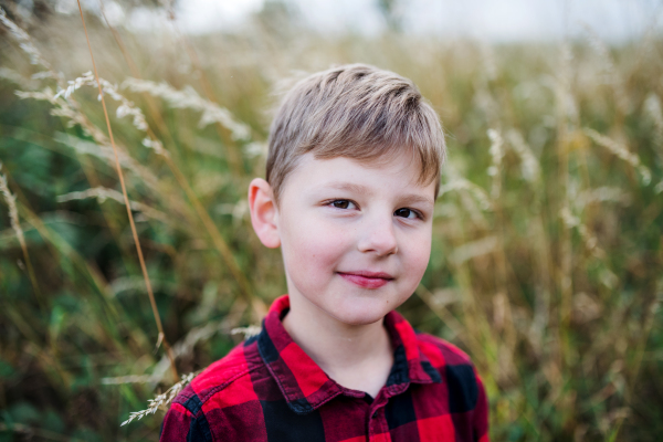 A portrait of blond school boy standing in nature, looking at camera.