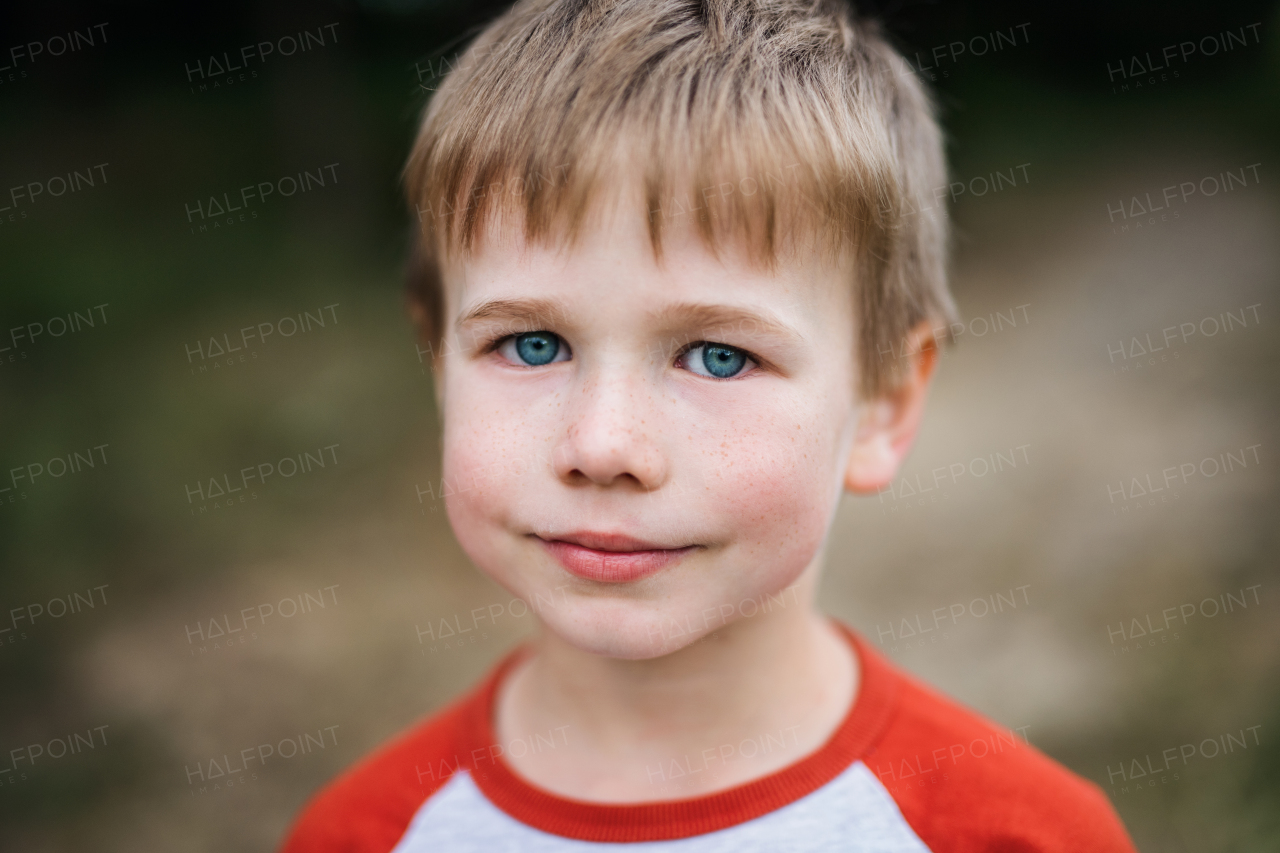 A portrait of blond school boy standing in nature, looking at camera.