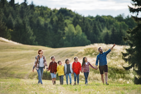 A group of small school children with teacher on field trip in nature, walking.