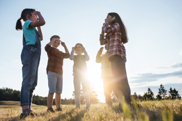 Portrait of group of school children standing on field trip in nature at sunset, playing.