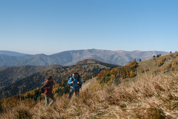 Paragliders, trekkers, mountaineers, walking up hill to a paragliding starting point, on a sunny morning in the mountains.