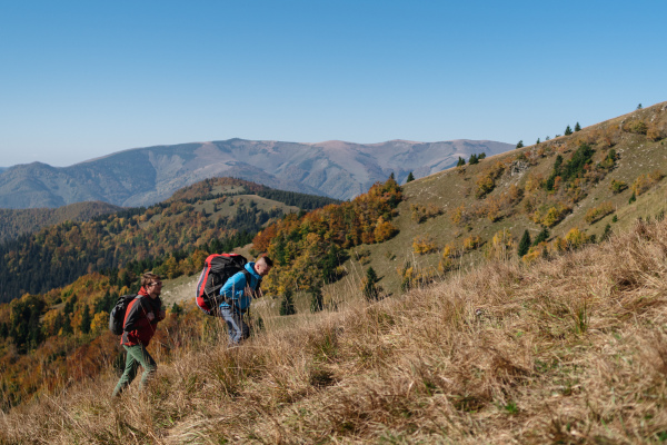 Paragliders, trekkers, mountaineers, walking up hill to a paragliding starting point, on a sunny morning in the mountains.