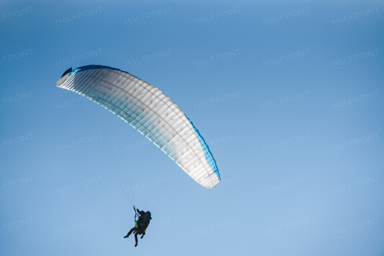 A paraglider in the blue sky. The sportsman flying on a paraglider.