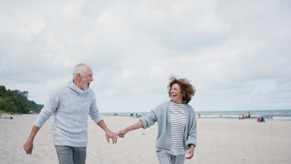 A happy senior couple in love on walk outdoors on beach at morning, running and hugging.