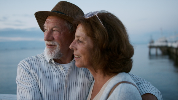 A happy senior couple hugging outdoors on pier by sea, looking at view.