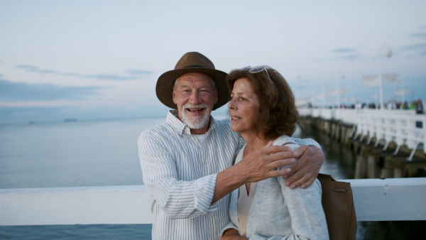 A happy senior couple outdoors on pier by sea, posing for photo.