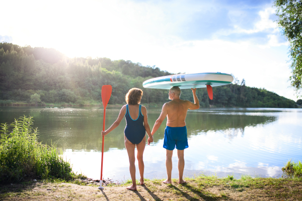 Rear view of senior couple carrying paddleboard by lake in summer, talking.