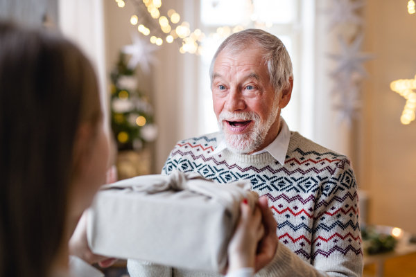 Portrait of young woman giving present to happy surprised grandfather indoors at home at Christmas.