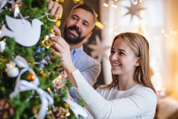 Portrait of happy couple indoors at home at Christmas, decorating tree.