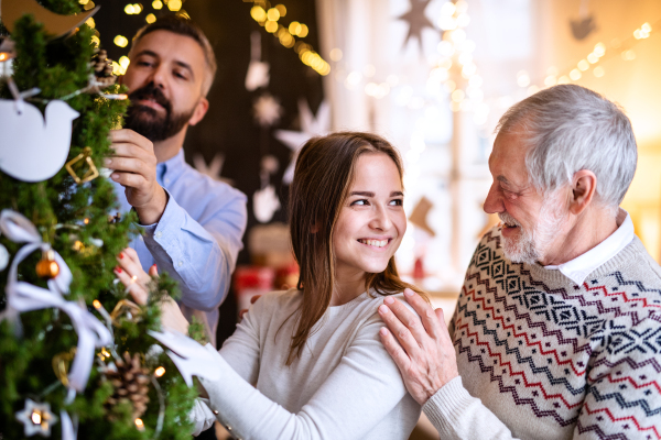 Happy men and woman family relatives indoors at home at Christmas, decorating tree.