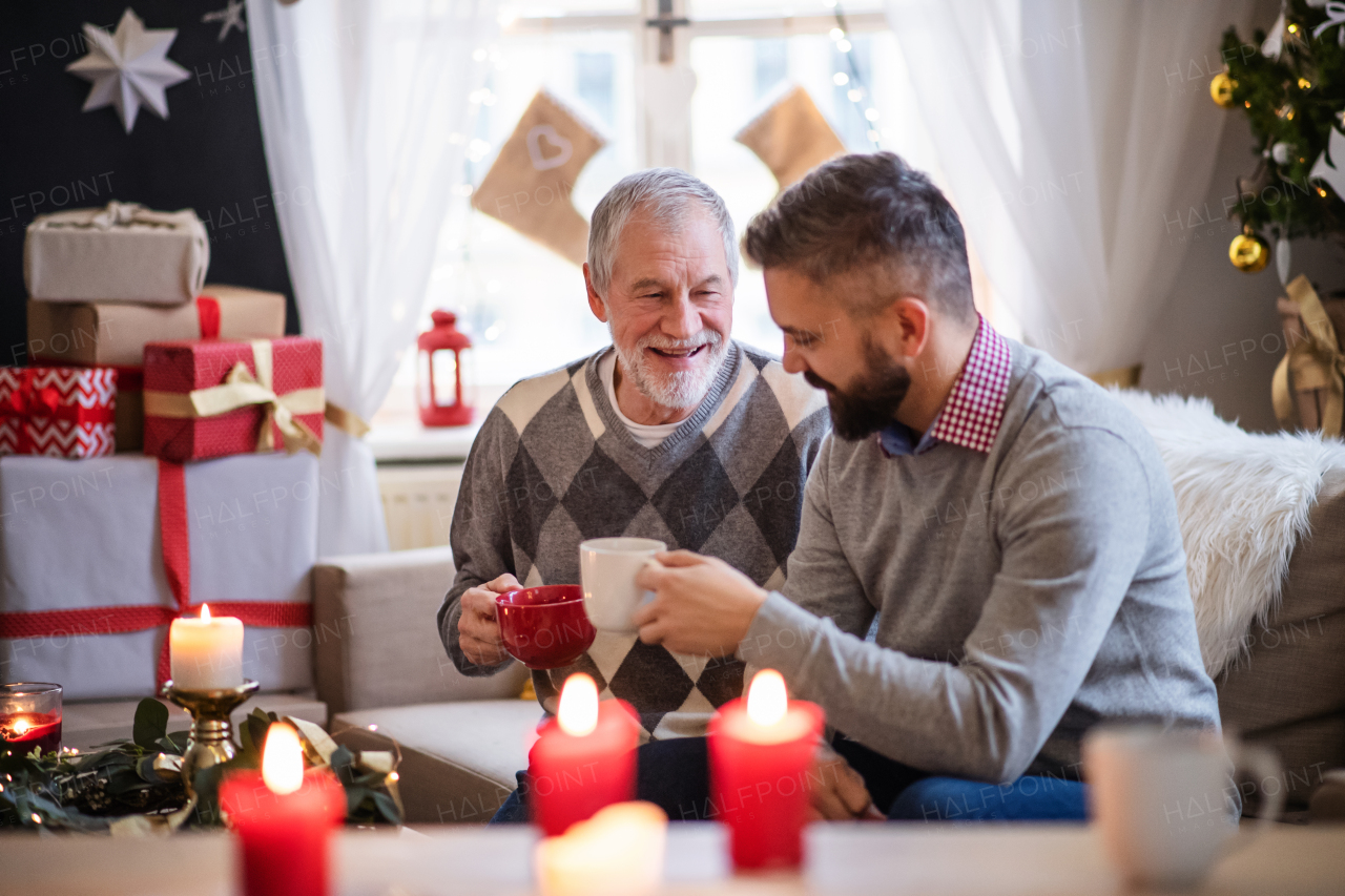 Portrait of mature man and senior father indoors at home at Christmas, drinking tea.