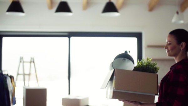 A young happy woman furnishing new house, carrying a box. A moving in new home concept.