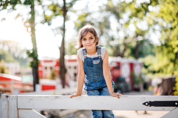 A portrait of happy small girl on family farm, standing on wooden gate.