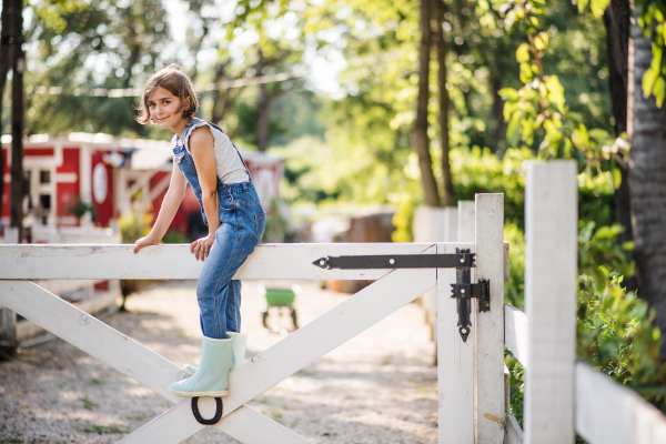 A portrait of happy small girl on family farm, sitting on wooden gate.