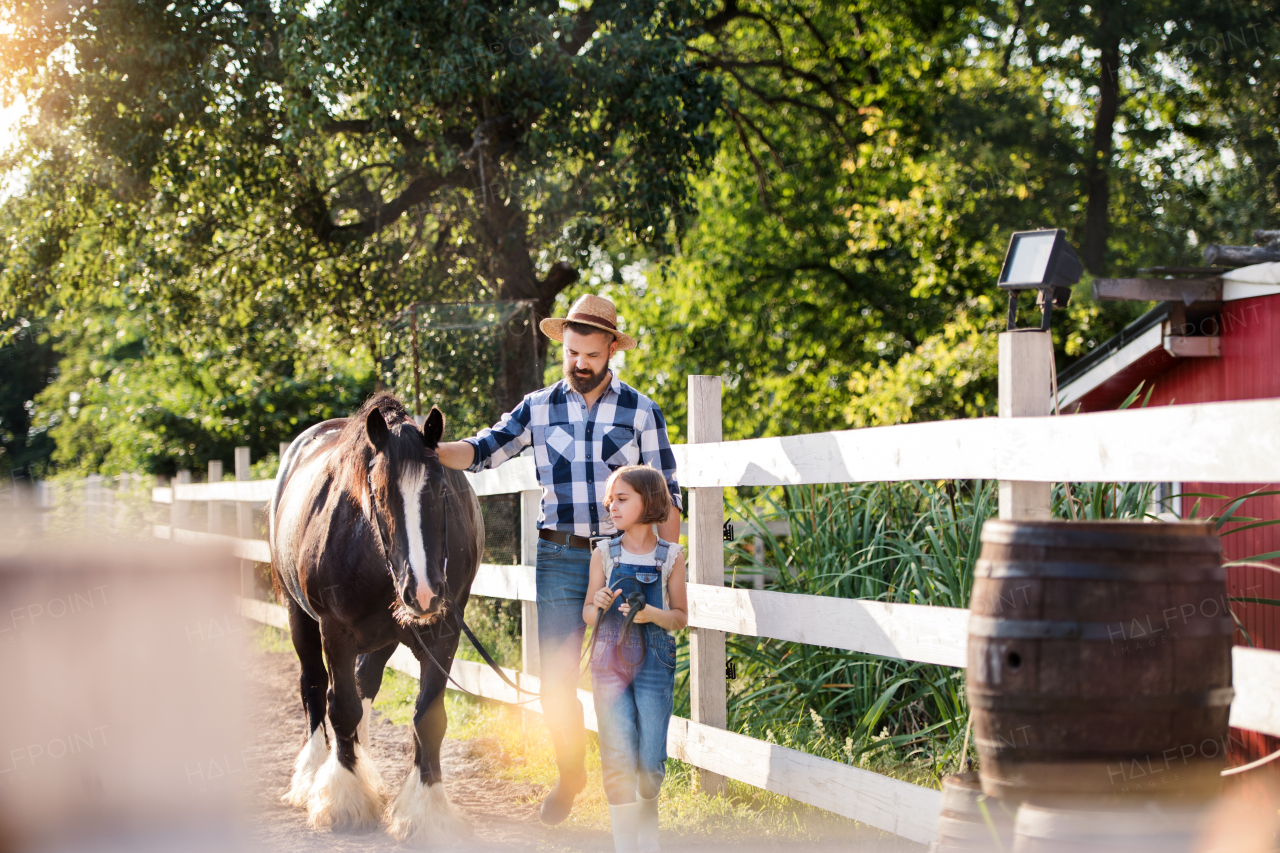 A mature father and small daughter with a pony horse working on small family animal farm.