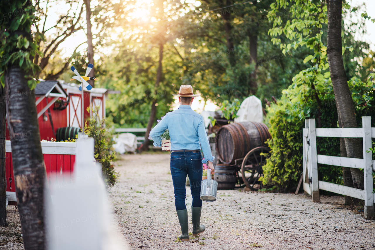 Rear view of farmer walking outdoors on small family farm, carrying watering can.