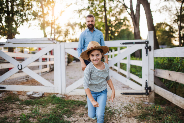 A front view of mature father and small daughter with rubber boots walking outdoors on small family farm.