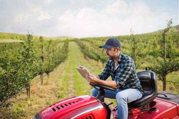 A serious mature farmer with tablet sitting on mini tractor outdoors in orchard.