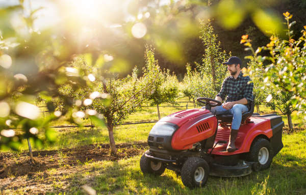 A front view of mature farmer driving mini tractor outdoors in orchard.