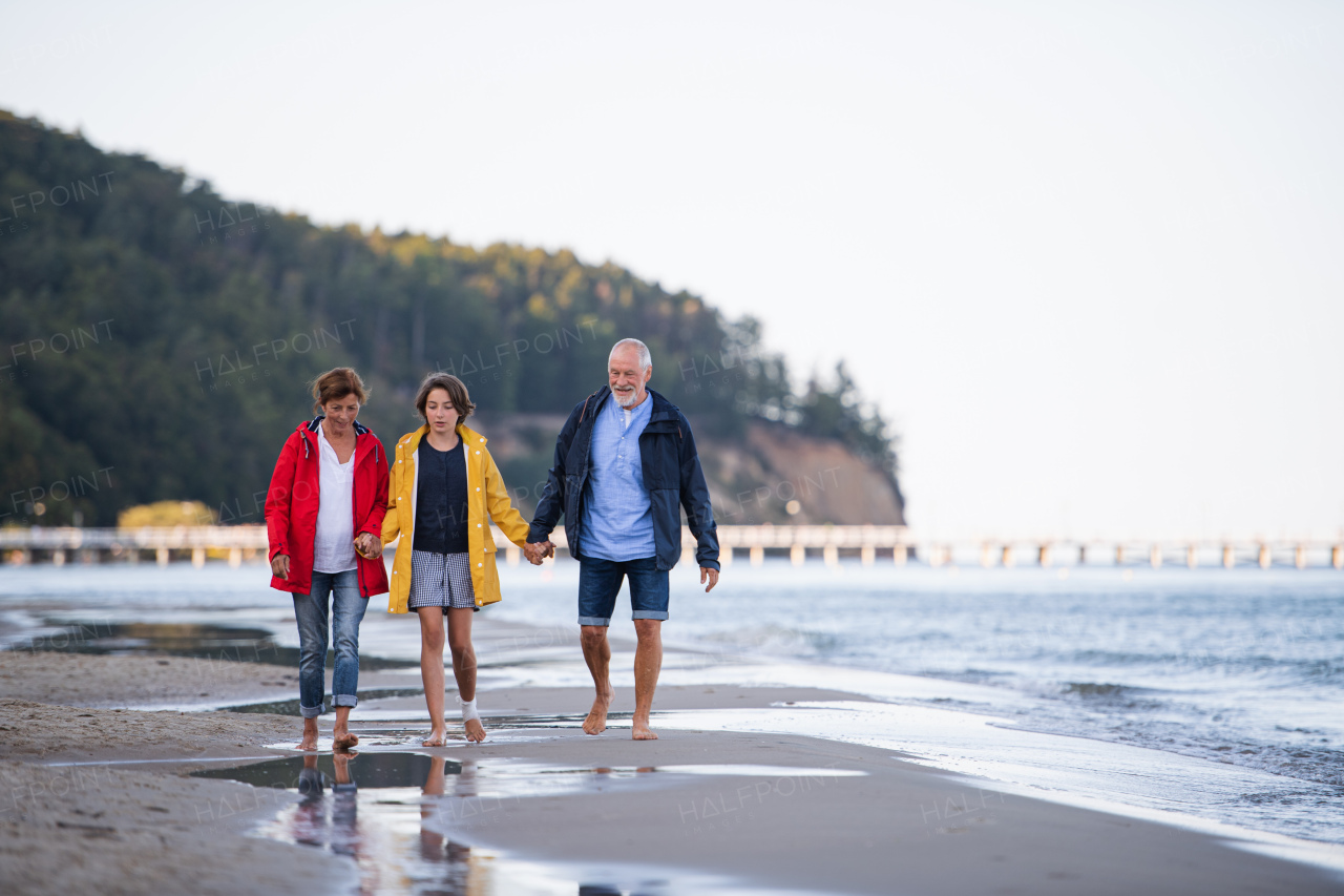 A senior couple holding hands with their preteen granddaughter and walking on sandy beach.