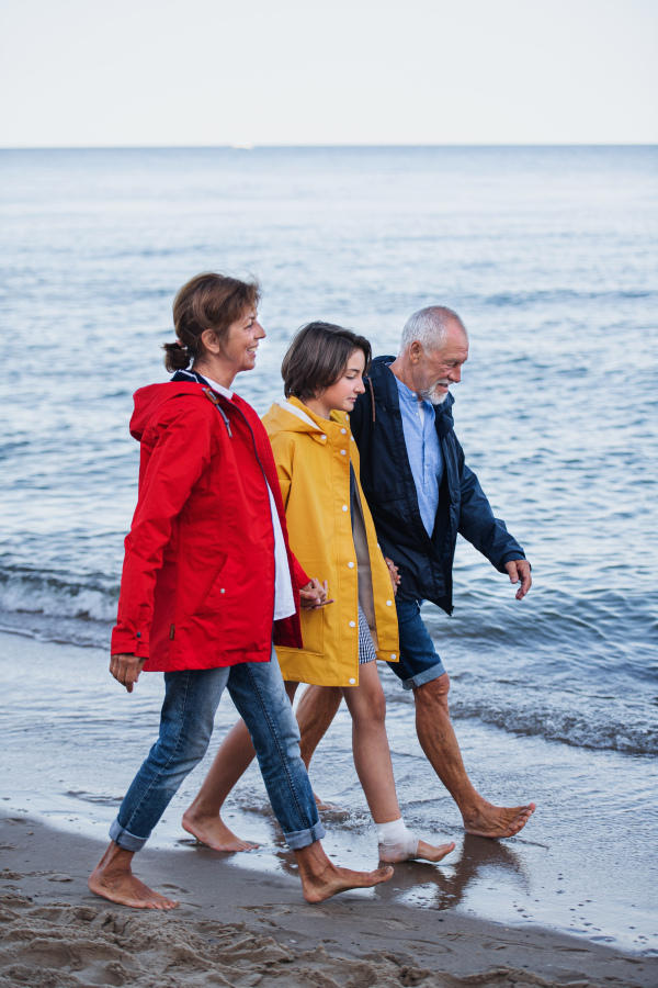 A side view of senior couple holding hands with their preteen granddaughter and walking on sandy beach