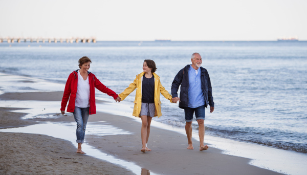 A senior couple holding hands with their preteen granddaughter and walking on sandy beach.