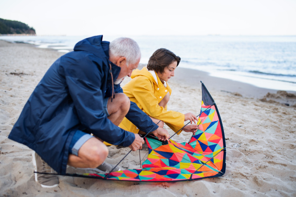 A senior man and his preteen granddaughter preparing kite for flying on sandy beach.