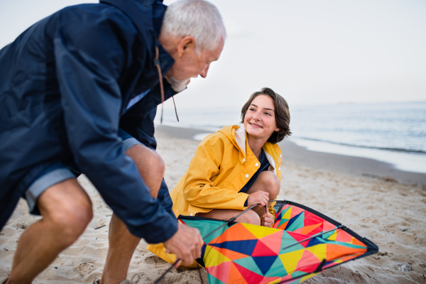 A senior man and his preteen granddaughter preparing kite for flying on sandy beach.