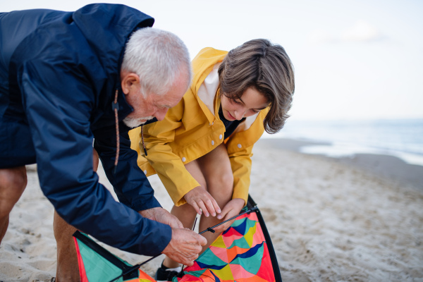 A senior man and his preteen granddaughter preparing kite for flying on sandy beach.