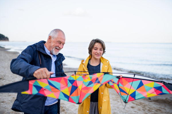 A senior man and his preteen granddaughter preparing kite for flying on sandy beach.