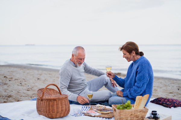 A happy senior couple in love sitting on blanket and having picnic outdoors on beach by sea.