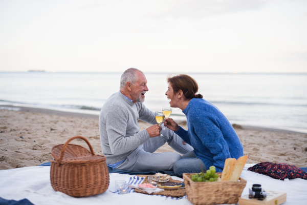 A happy senior couple in love sitting on blanket and having picnic outdoors on beach by sea.