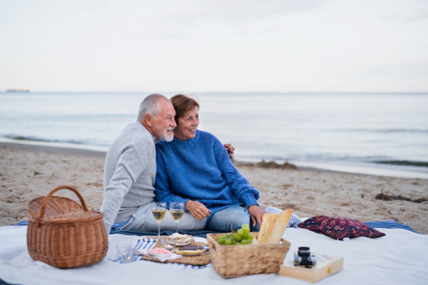 A happy senior couple in love sitting on blanket and having picnic outdoors on beach by sea.