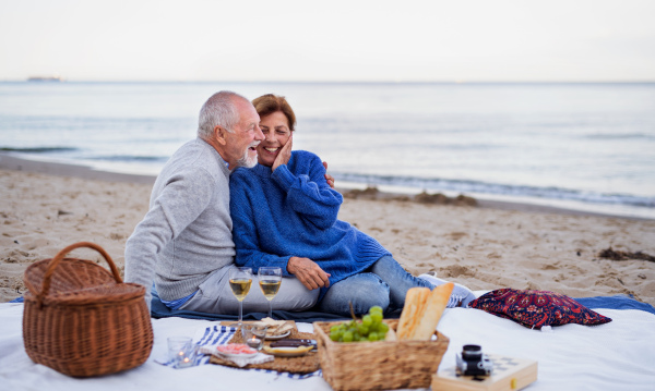 A happy senior couple in love sitting on blanket and having picnic outdoors on beach by sea.