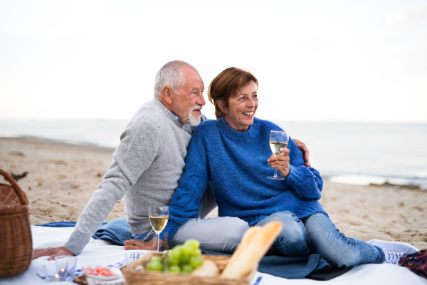 A happy senior couple in love sitting on blanket and embracing when having picnic outdoors on beach