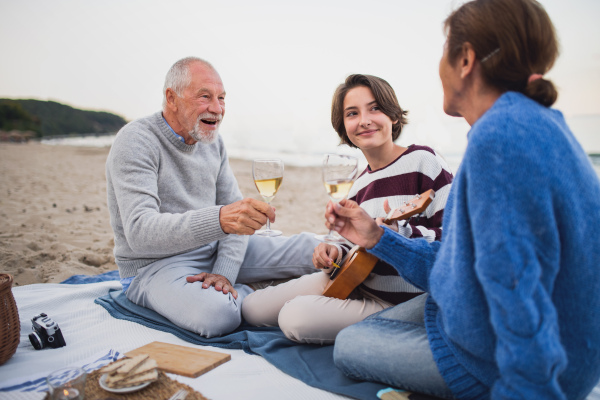 A happy senior couple with granddaughter sitting on blanket and having picnic outdoors on beach by sea.