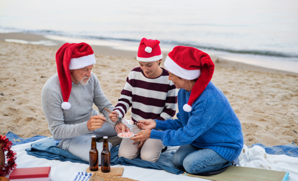 A senior couple with granddaugter celebrate New Year or Christmas and have picnic on beach.