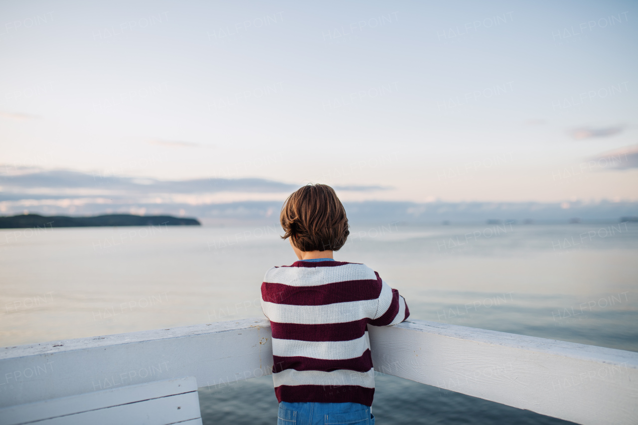 A rear view of preteen girl looking at view outdoors on pier by sea, holiday concept.